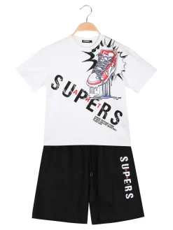 Mr Jek Completo corto da bambino in cotone con t-shirt e bermuda - bianco