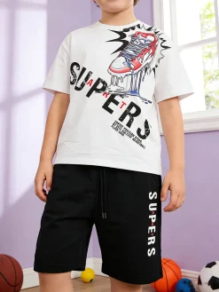 Mr Jek Completo corto da bambino in cotone con t-shirt e bermuda - bianco