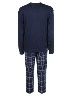 Navigare Pigiama da uomo in cotone interlock con pantaloni a quadri - blu scuro