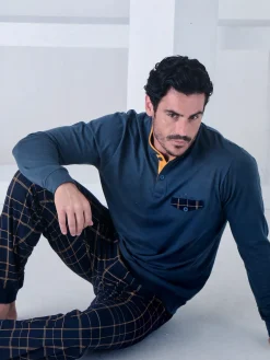 Navigare Pigiama lungo da uomo in cotone con taschino e pantaloni a quadri - verde scuro