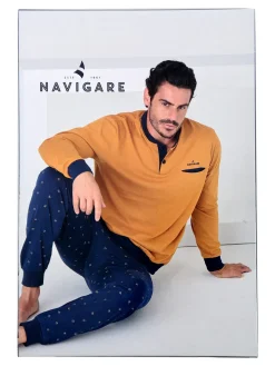 Navigare Pigiama lungo da uomo in cotone con taschino e pantaloni con stampe - bluette