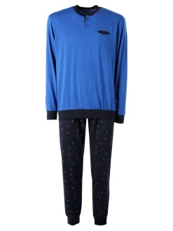 Navigare Pigiama lungo da uomo in cotone con taschino e pantaloni con stampe - bluette