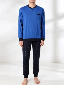 Navigare Pigiama lungo da uomo in cotone con taschino e pantaloni con stampe - bluette
