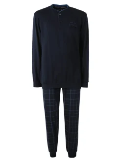 Navigare Pigiama lungo da uomo in cotone con taschino e pantaloni a quadri - blu scuro