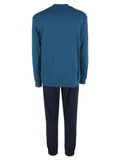 Navigare Pigiama lungo da uomo in cotone interlock con stampe - blu scuro