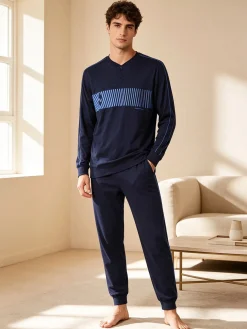 Navigare Pigiama lungo da uomo in cotone jersey