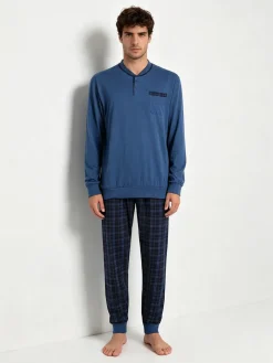 Navigare Pigiama lungo da uomo in cotone con taschino e pantaloni a quadri - jeans