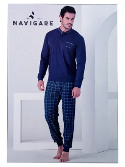 Navigare Pigiama lungo da uomo in cotone con taschino e pantaloni a quadri - blu scuro