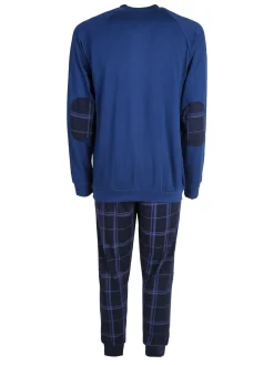 Navigare Pigiama lungo da uomo in cotone interlock con pantaloni a quadri - blu scuro