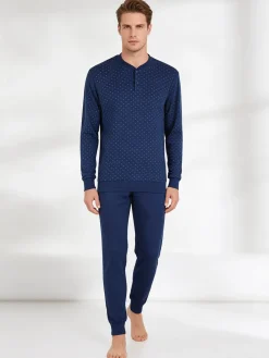 Navigare Pigiama lungo da uomo in cotone interlock con stampe - blu