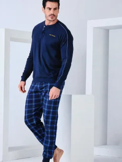 Navigare Pigiama lungo da uomo in cotone interlock - blu scuro