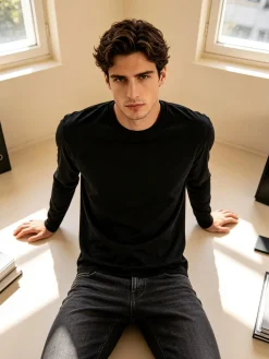 Navigare T-shirt intima da uomo a maniche lunghe in caldo cotone - nero