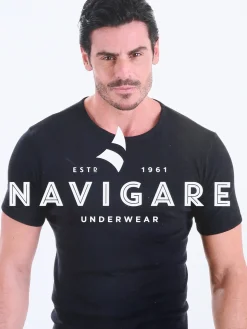 Navigare T-shirt intima da uomo girocollo in caldo cotone - nero