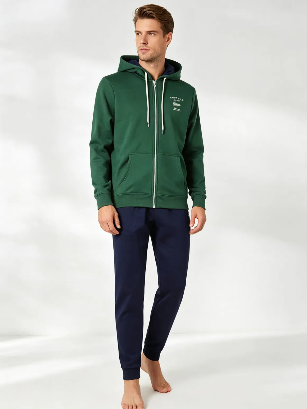 Navy Sail Completo tuta da uomo felpata con cappuccio e zip intera - verde
