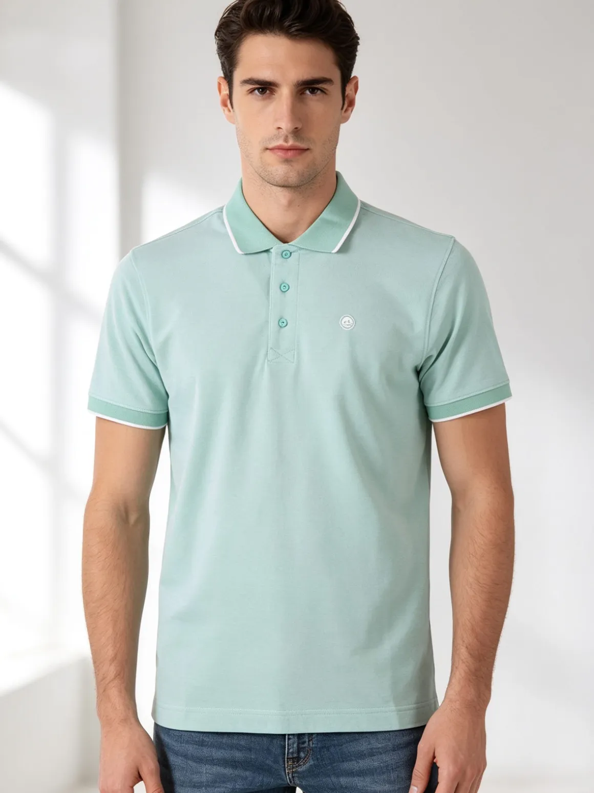 Navy Sail Polo da uomo in cotone a maniche corte con logo - acqua marina