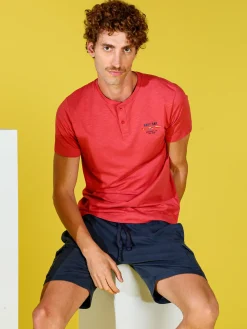 Navy Sail T-shirt da uomo in cotone con bottoni - corallo