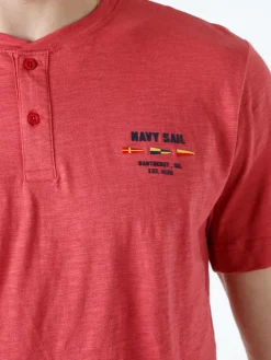 Navy Sail T-shirt da uomo in cotone con bottoni - corallo