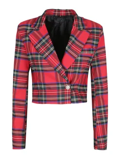 New Collection Blazer corto da donna scozzese a doppiopetto