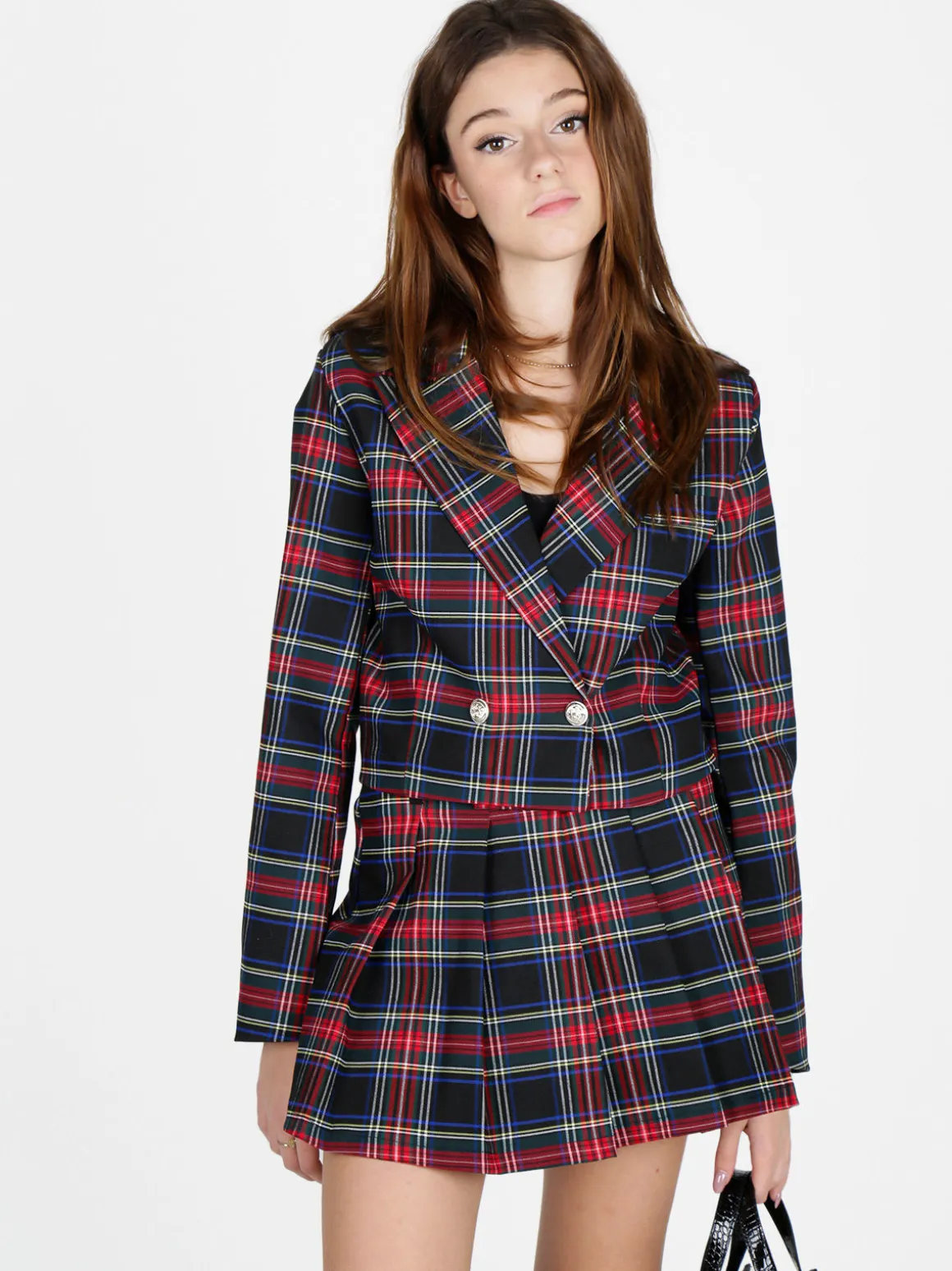 New Collection Blazer corto da donna scozzese a doppiopetto