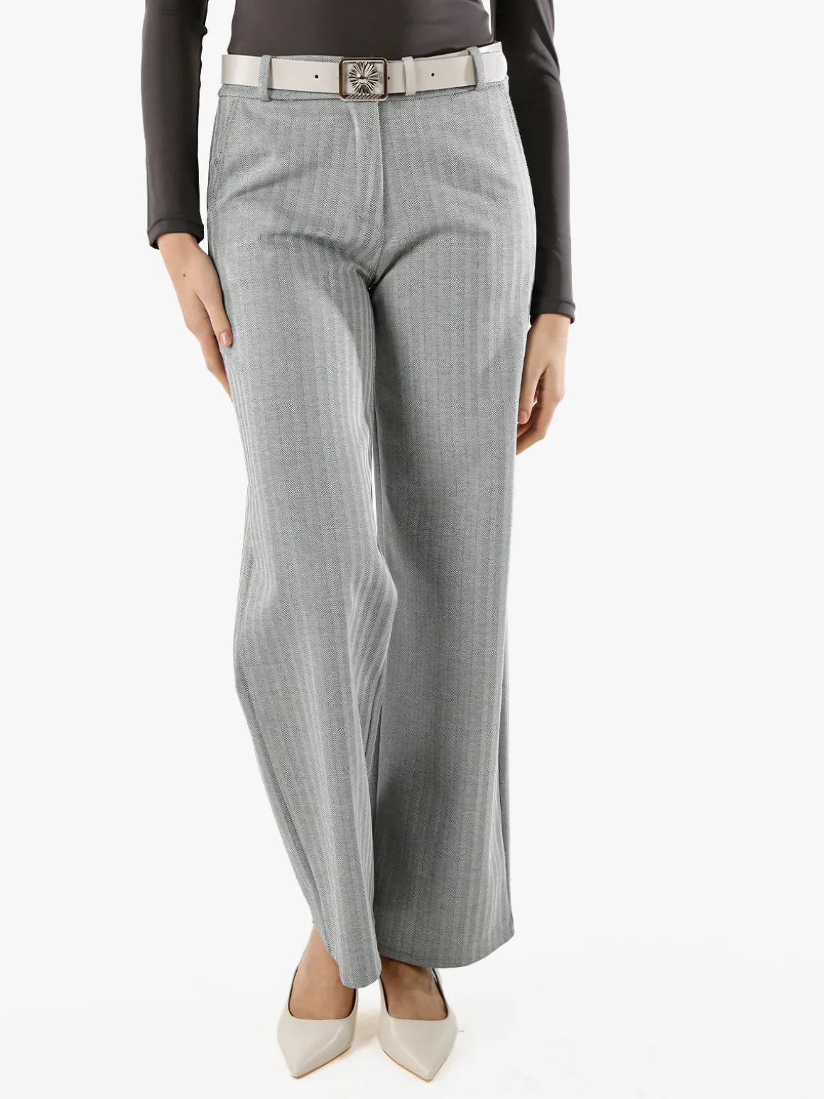 New Gj Pantaloni donna a palazzo spigati con cintura - grigio