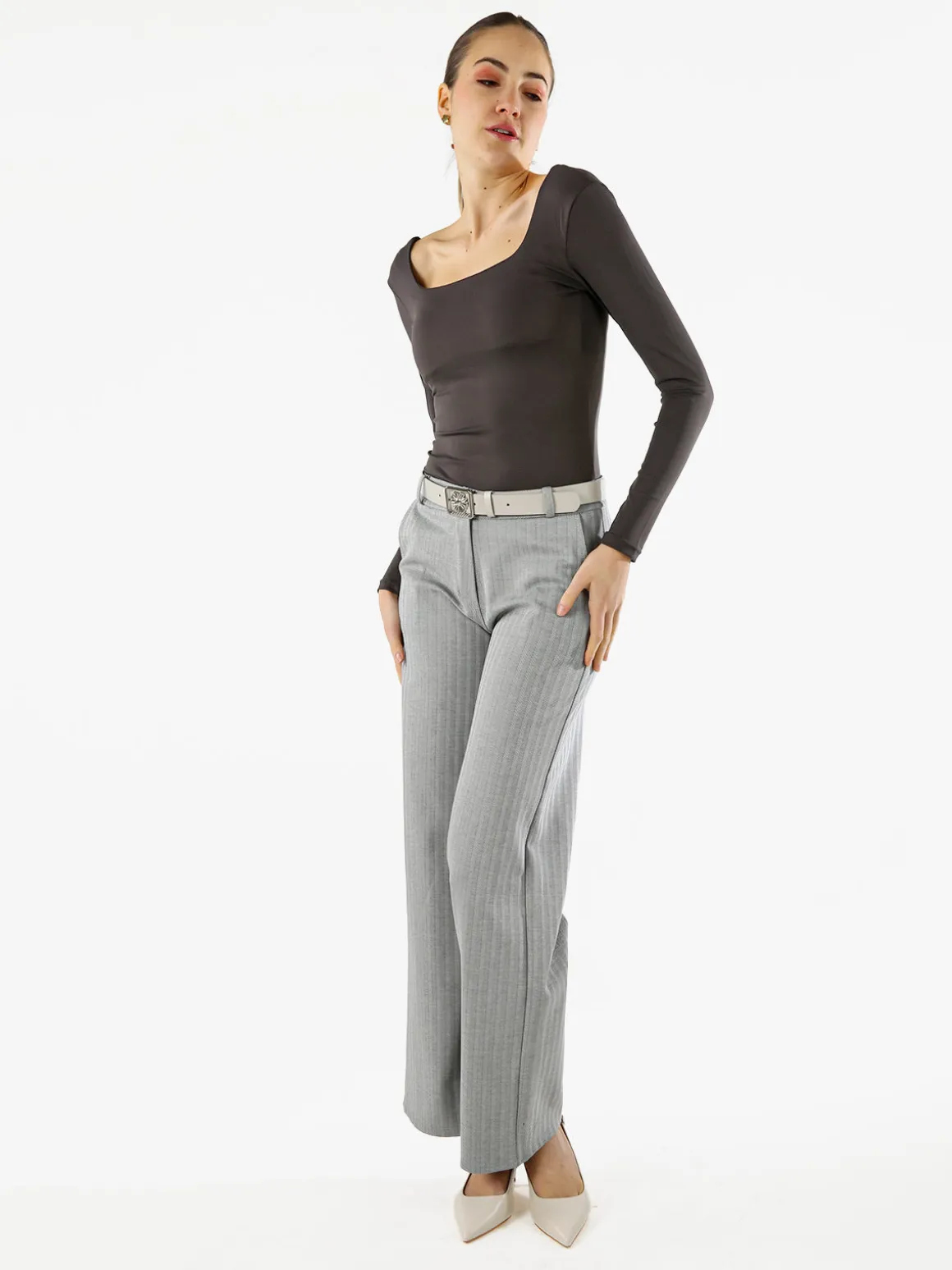 New Gj Pantaloni donna a palazzo spigati con cintura - grigio