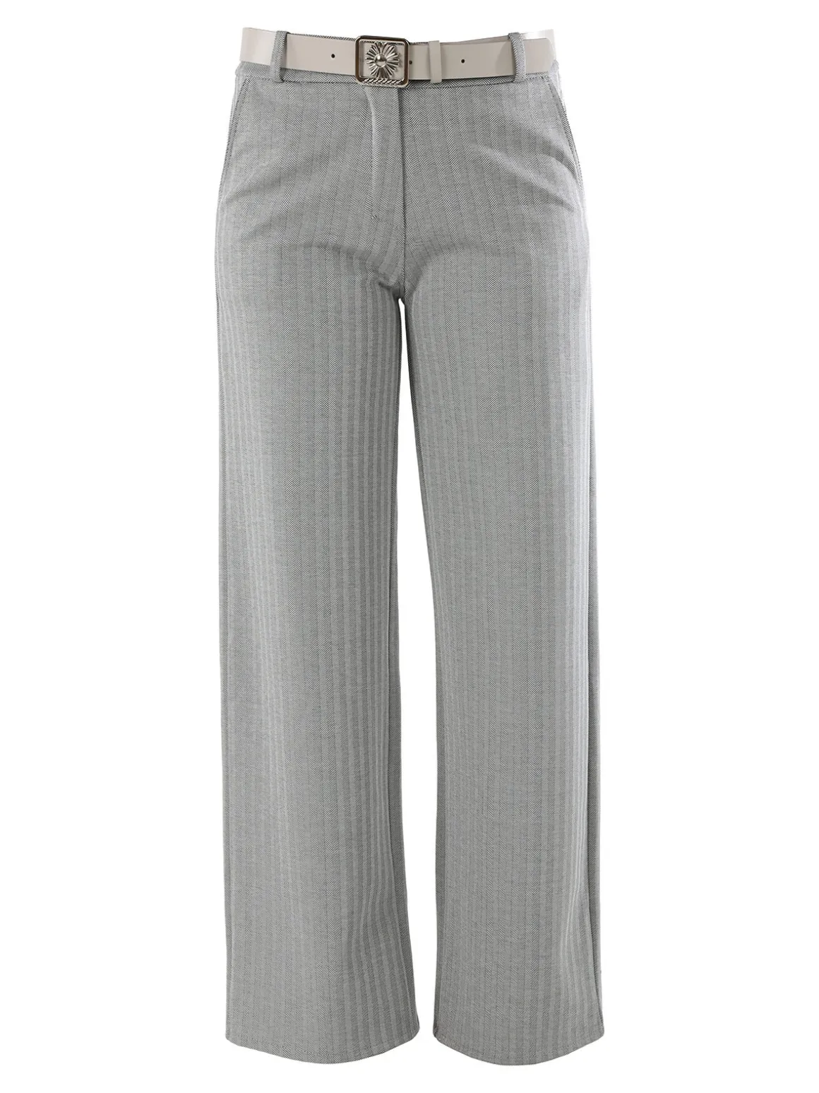 New Gj Pantaloni donna a palazzo spigati con cintura - grigio