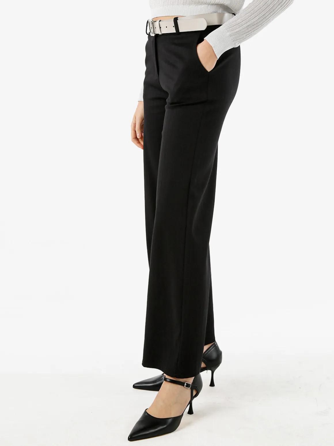 New Gj Pantaloni donna a palazzo spigati con cintura - nero