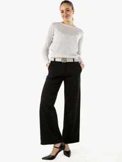New Gj Pantaloni donna a palazzo spigati con cintura - nero