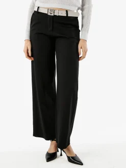 New Gj Pantaloni donna a palazzo spigati con cintura - nero