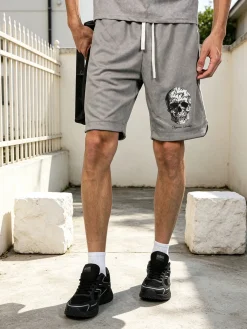 New Mentality Bermuda da uomo con coulisse e stampa teschio - grigio
