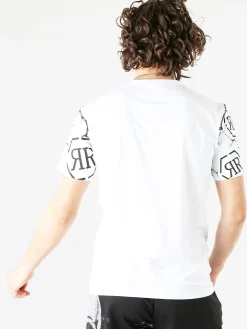 New Mentality T-shirt da uomo in cotone con teschio e micro borchie - bianco