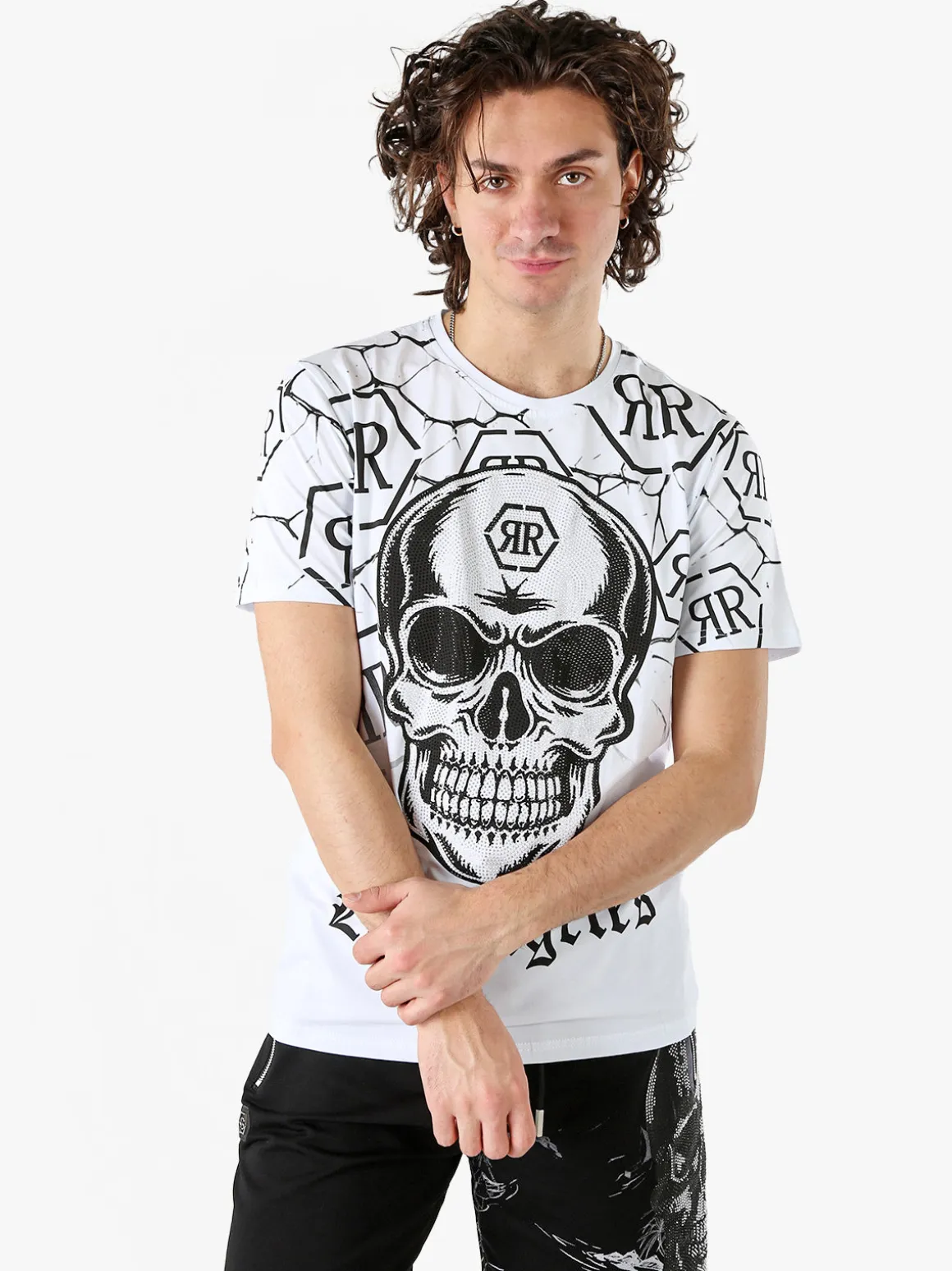 New Mentality T-shirt da uomo in cotone con teschio e micro borchie - bianco