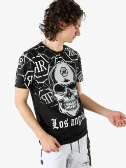 New Mentality T-shirt da uomo in cotone con teschio e micro borchie - nero