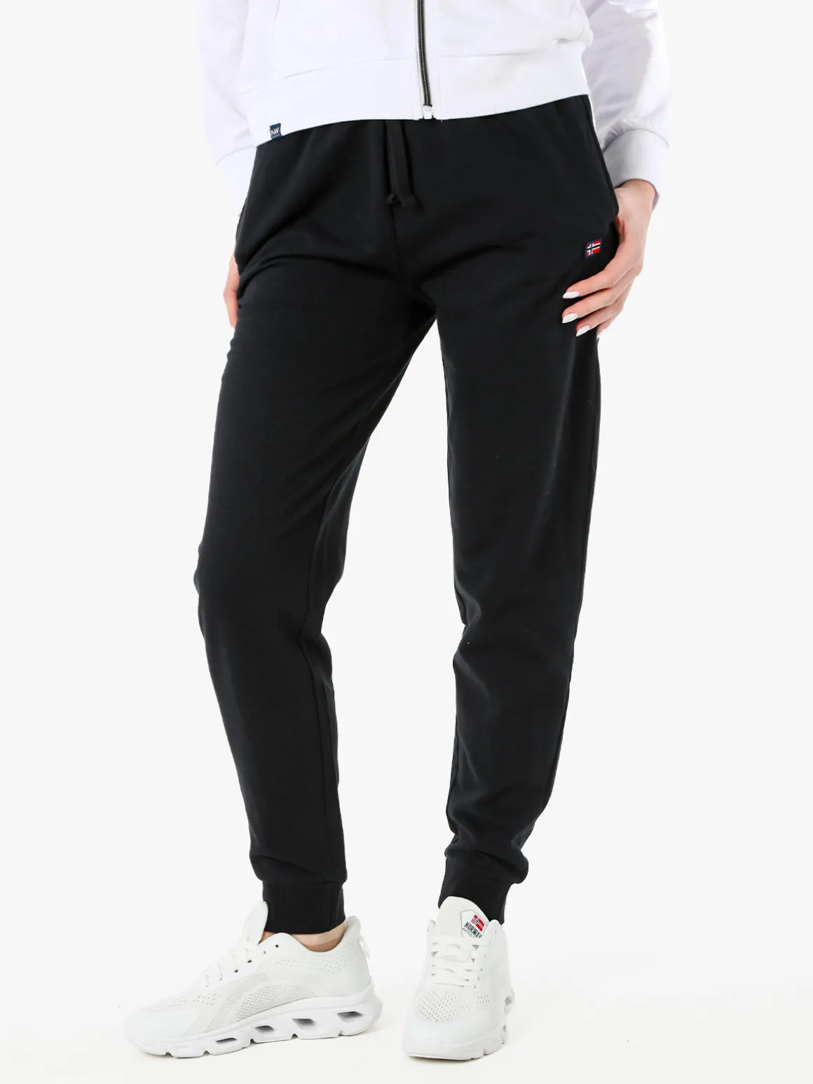 Norway Pantaloni tuta da donna in cotone con coulisse e polsini - nero