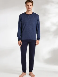 Nottingham Pigiama lungo da uomo in cotone interlock con stampe - blu