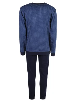 Nottingham Pigiama lungo da uomo in cotone interlock con stampe - blu