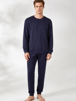 Nottingham Pigiama lungo da uomo in cotone interlock con stampe - blu scuro