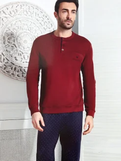 Nottingham Pigiama lungo da uomo in cotone interlock con taschino - bordeaux