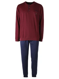 Nottingham Pigiama lungo da uomo in cotone interlock con taschino - bordeaux
