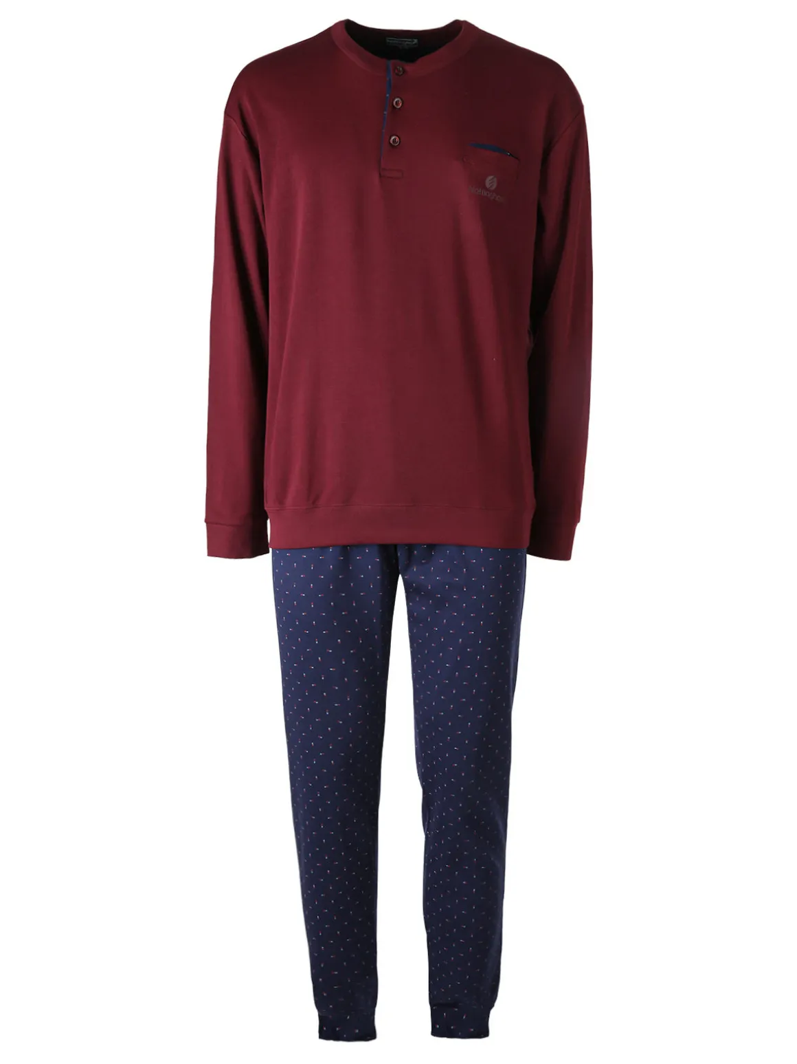 Nottingham Pigiama lungo da uomo in cotone interlock con taschino - bordeaux