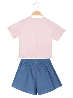 Pastello Completo da bambina con t-shirt cropped e shorts in jeans con strass