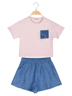 Pastello Completo da bambina con t-shirt cropped e shorts in jeans con strass