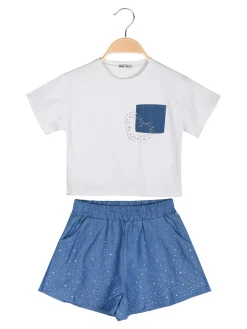 Pastello Completo da bambina con t-shirt cropped e shorts in jeans con strass