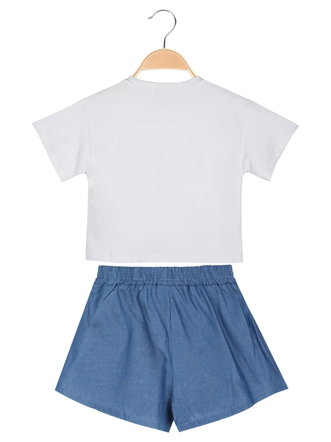 Pastello Completo da bambina con t-shirt cropped e shorts in jeans con strass