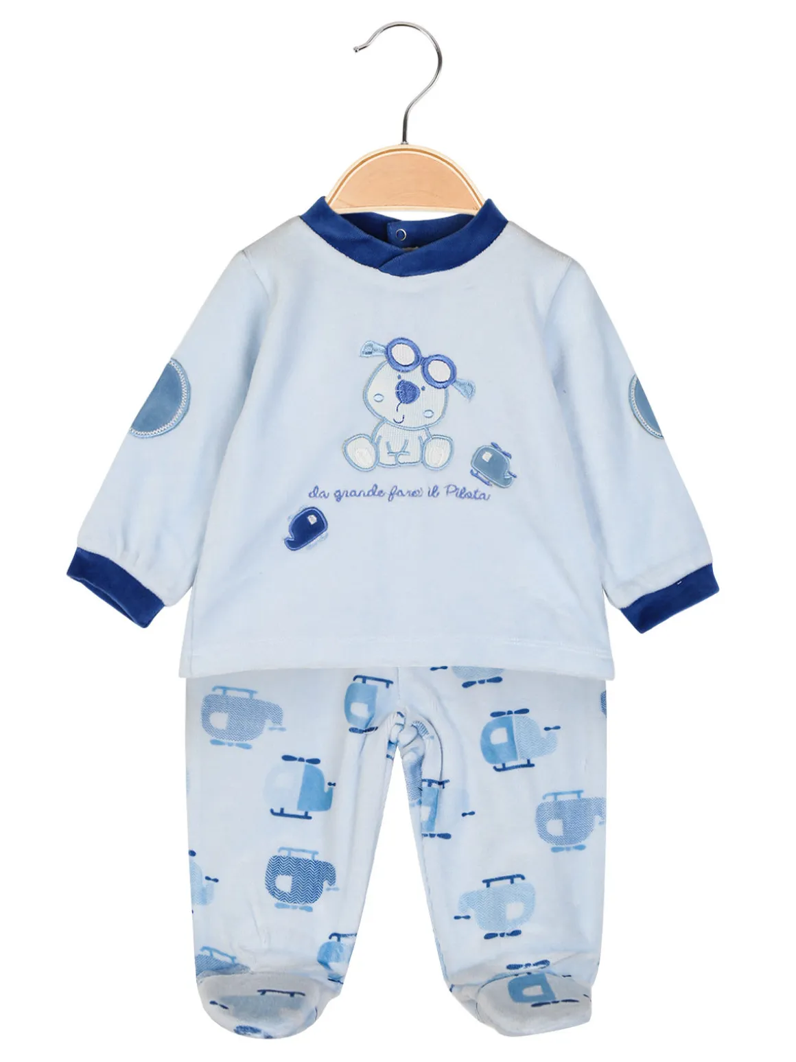 Pastello Completo 2 pezzi da neonato in ciniglia - azzurro