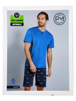Paul Martin Pigiama corto da uomo in cotone naturale - blu scuro