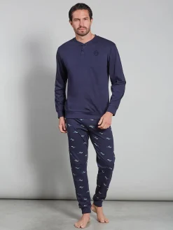 Paul Martin Pigiama lungo da uomo in cotone naturale - blu scuro