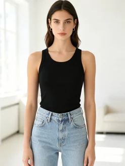 Peafowl Top girocollo da donna a costine - nero