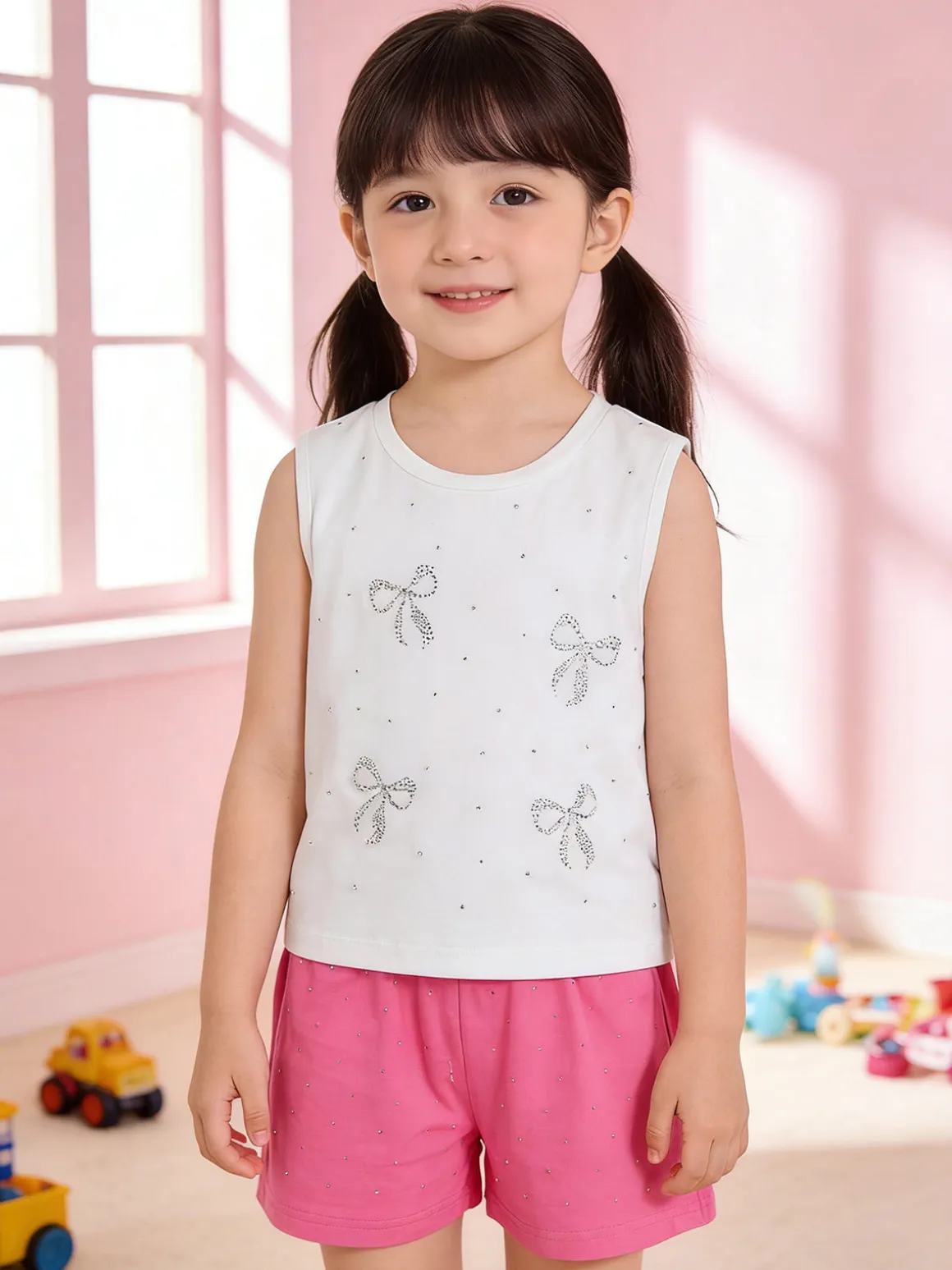 Pink Girl Completo corto da bambina 2 pezzi top e shorts con micro borchie - fucsia