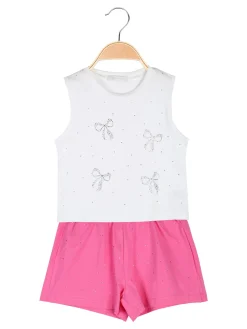 Pink Girl Completo corto da bambina 2 pezzi top e shorts con micro borchie - fucsia